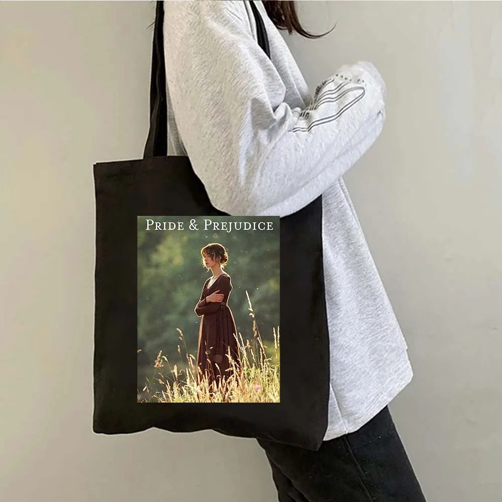 More Pride Less Prejudice Jane Austen Pride Prejudice Elizabeth Darcy Book Bennet Cartoon Shopper Canvas Tote Bag Cotton Handbag