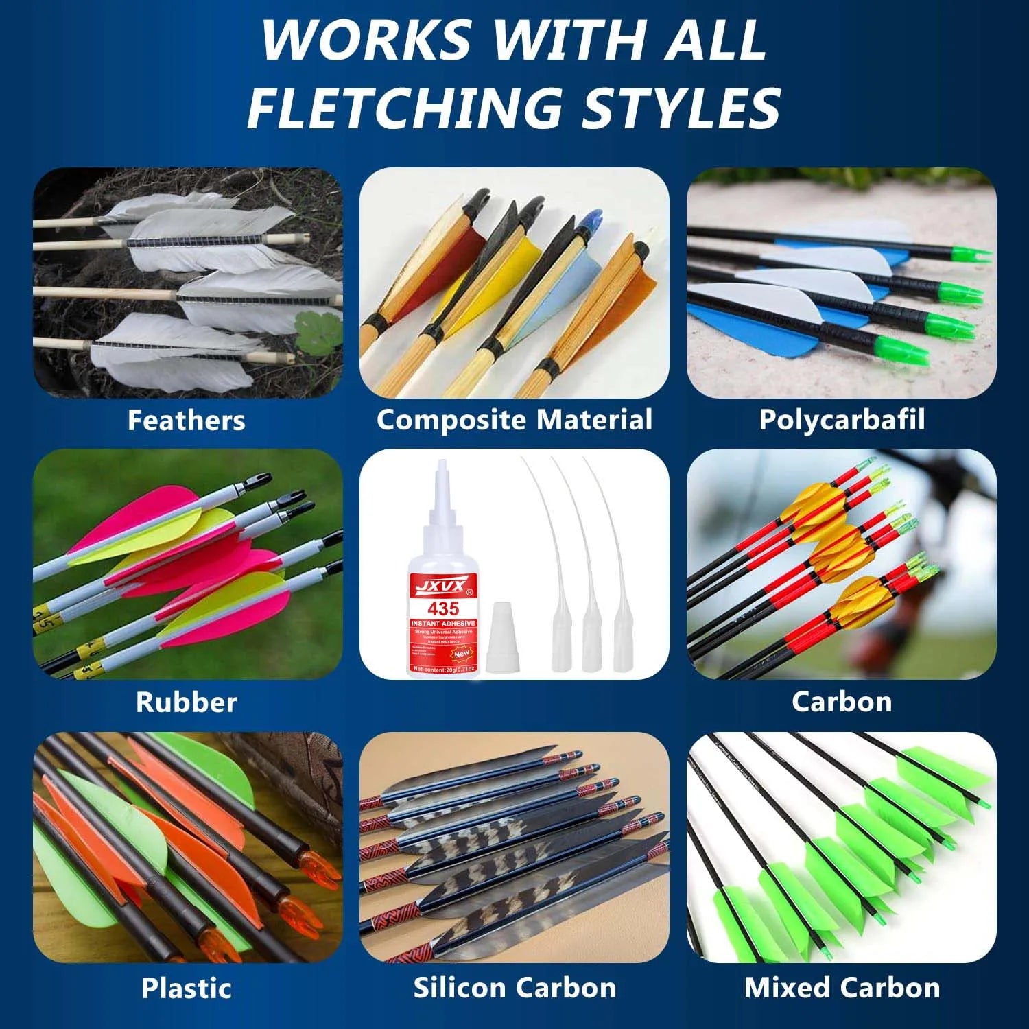 JXVX Fletching Glue 20g, Heavy Duty Arrow Glue Kit for Carbon, Aluminum, Wood Shafts, Instant & Clear Arrow Insert Adhesive Bonder for Fletching Vanes, Feathers and Inserts,1-10pcs.