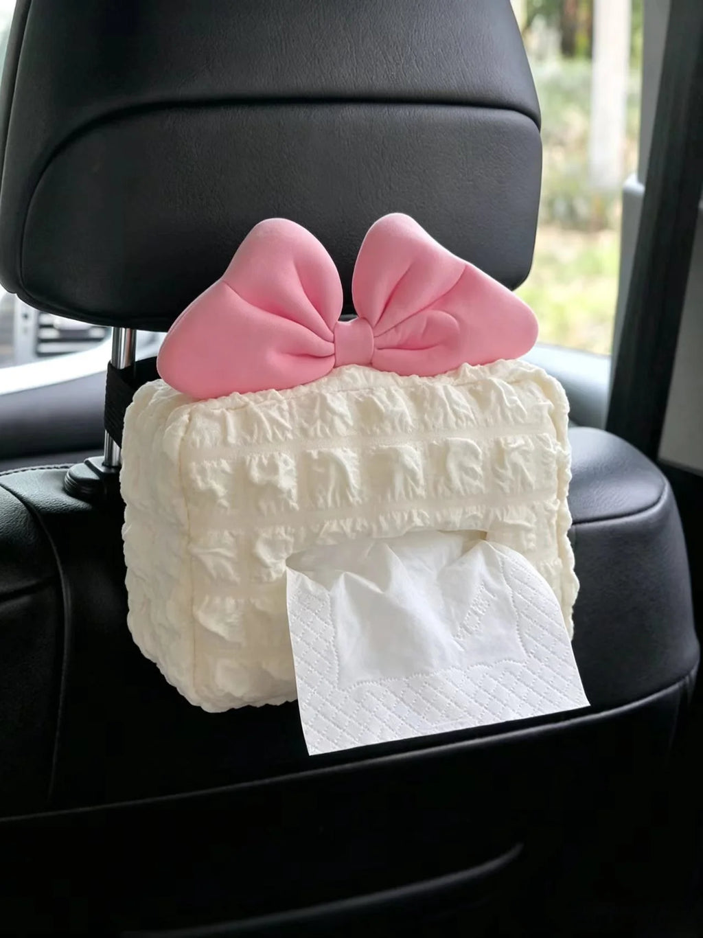 Cute Pink Bow Car Tissue Box Cover, Bubble Plaid Car Headrest Hanging Napkin Holder, Universal Car Backseat Paper Storage Bag, Car Interior Accessories—Designed Specifically for Women