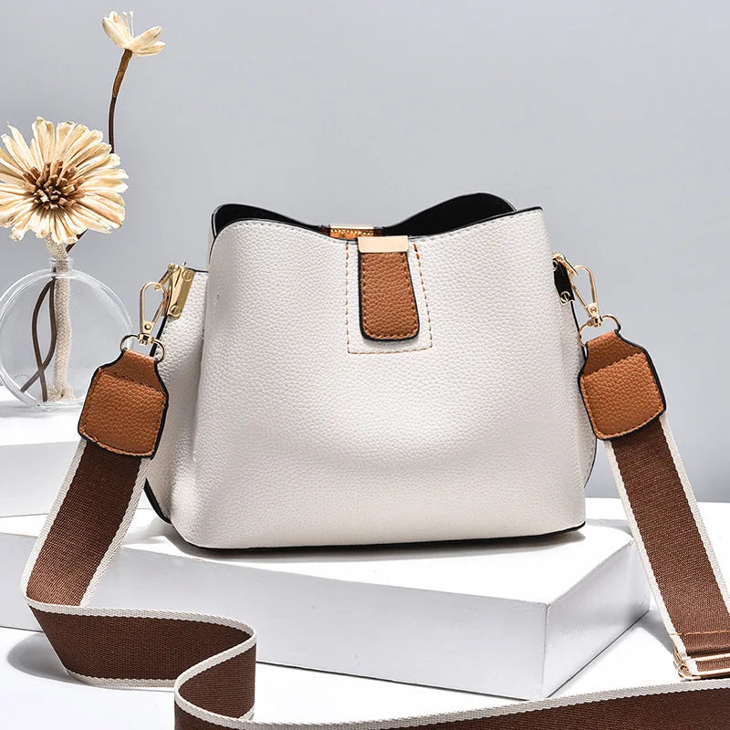 Minimalist Bucket Bag with Contrast Colors Strap & Hardware, Soft Textured Leather, Adjustable Crossbody Strap for Daily Wear