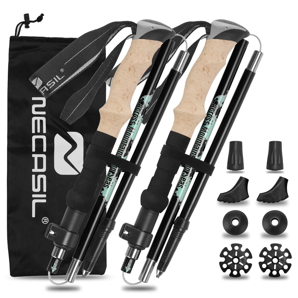 2 Pack Foldable Trail Running Sticks Aluminium Lightweight Adjustable Trekking Pole Anti Shock Cork Handle Nordic Walking Hiking