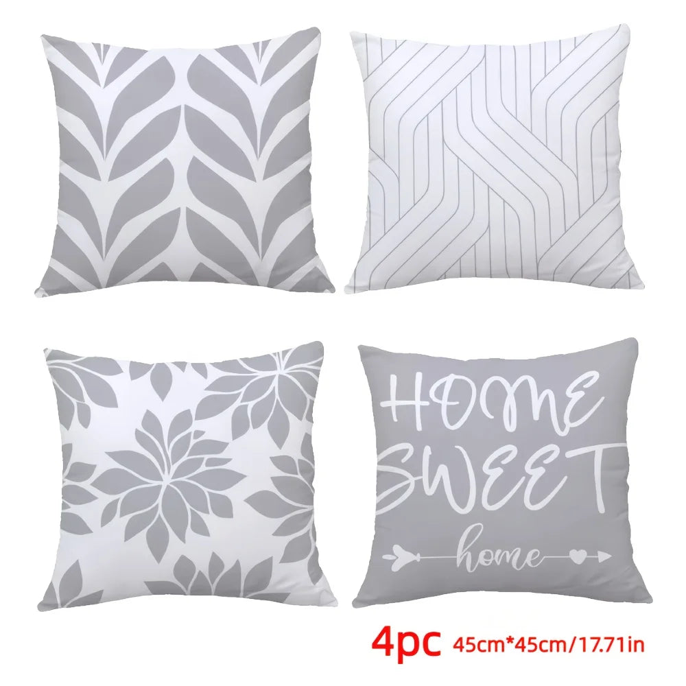 4Pcs Single-Sided Print Pillow Covers - Gray Leaf Line Minimalist Design, Home Decor Cushion Cases for Living Room Sofa Bedroom