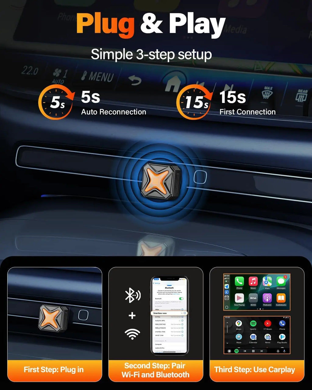 Mini Wireless CarPlay & Android Auto Adapter – A7 Chip, One-Tap Switch, 3s Auto-Connect, Bluetooth 6.0, 5.8GHz Wi-Fi, for iOS 12+ & Android 11+