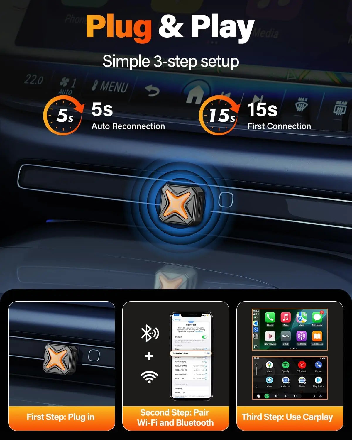 Mini Wireless CarPlay & Android Auto Adapter – A7 Chip, One-Tap Switch, 3s Auto-Connect, Bluetooth 6.0, 5.8GHz Wi-Fi, for iOS 12+ & Android 11+