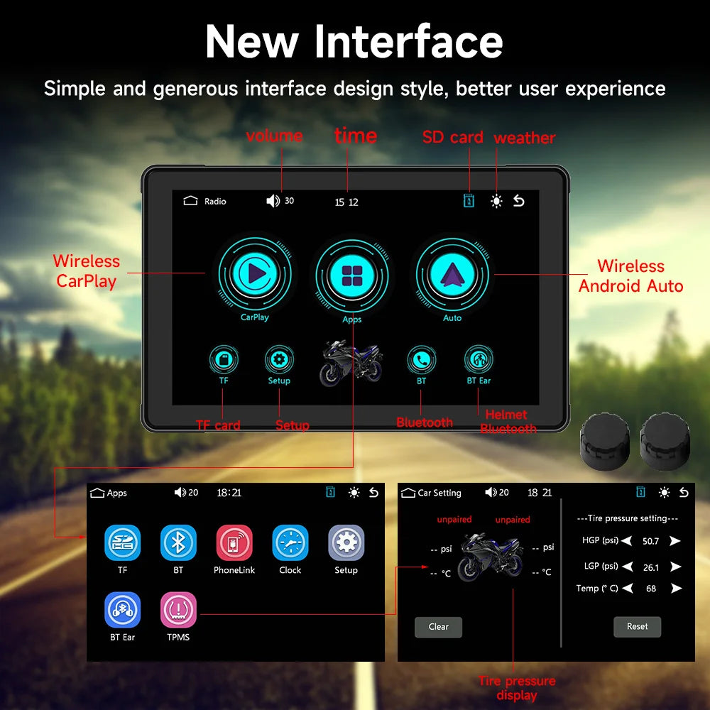 5/7 Inch Portable Motorcycle DVR GPS Navigation IPX8 Waterproof LCD Display For Wireless CarPlay Android Auto Multimedia Player