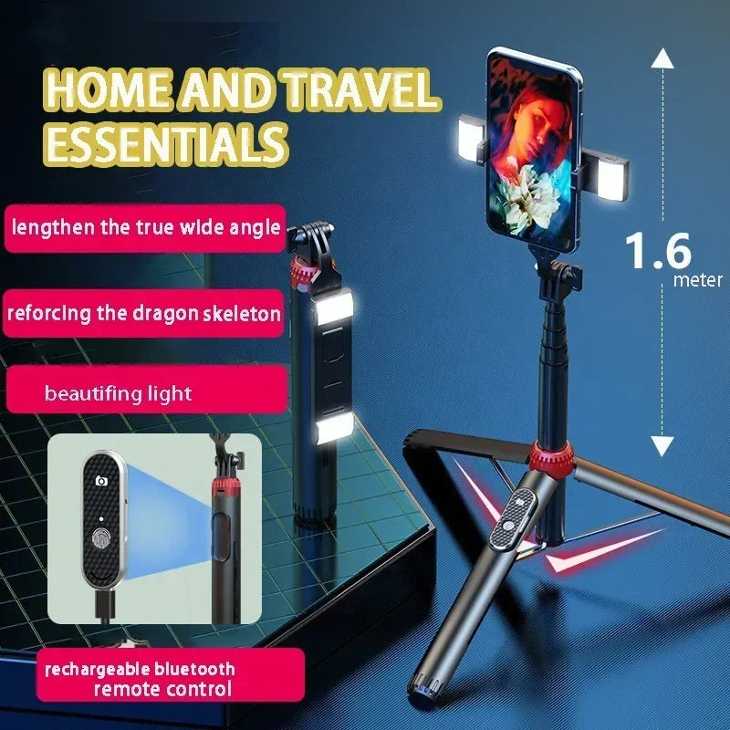 P160 Selfie Stick Tripod 1.6 M Aluminum Alloy Retractable Mobile Phone Holder with Rechargeable Bluetooth for IOS Android