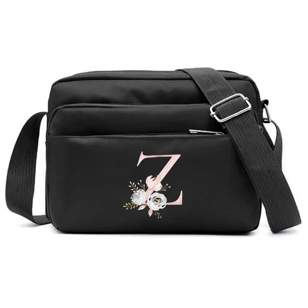 New Simple Black Storage Bag Multi-layer Travel Leisure One Shoulder Crossbody Bag Pink Flower Letter Series Printing Pattern