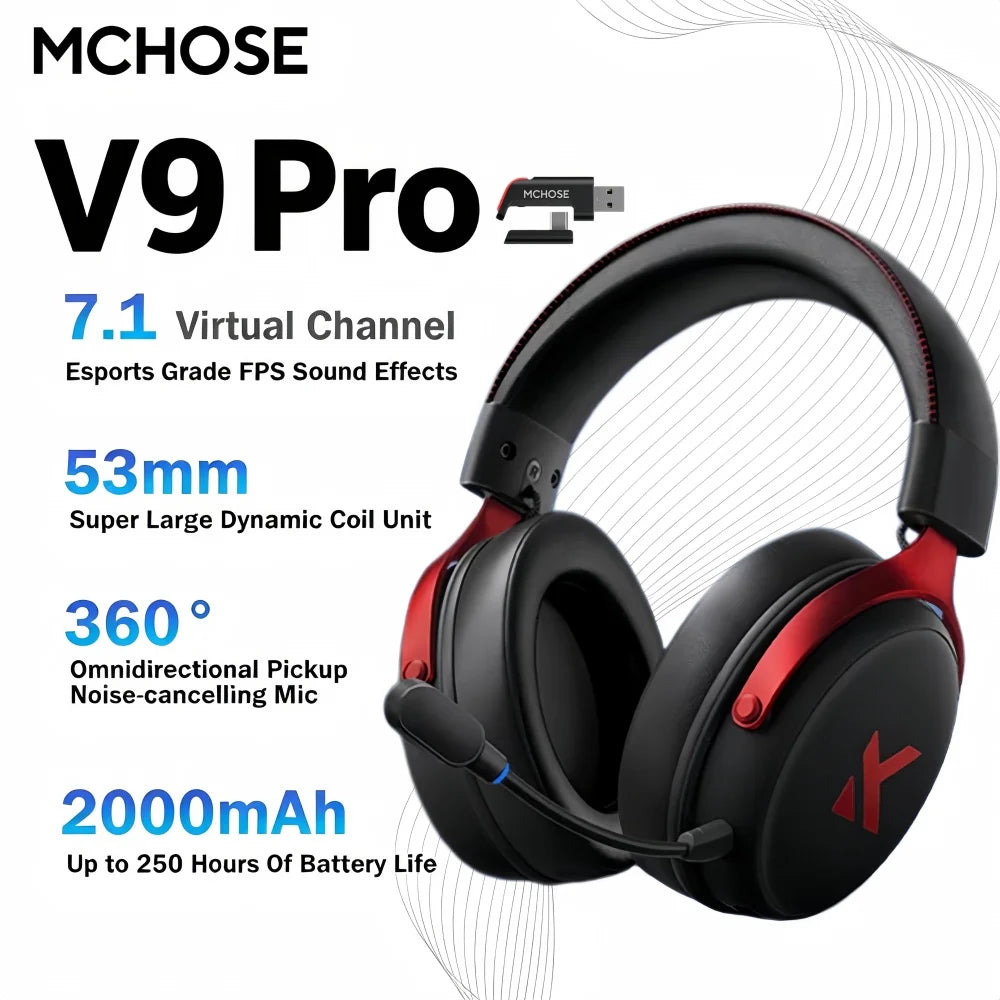 MCHOSE V9 Pro Wireless Headset 7.1 Surround Sound 53mm Gaming Headphones Noise Canceling Mic Low Latency Lightweight for PS5 PC SWITCH with Microphone