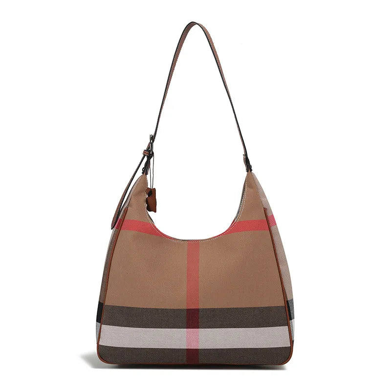 Fashionable and Casual Large Capacity Tote Bag Plaid with Genuine Leather Single Shoulder Bag 2025 New High-End Trendy Popular