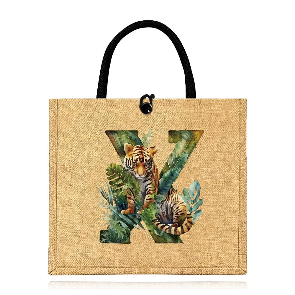 Flax Bag Fastener Handbag Organizer Storage Jute Tote Bags Imitation Cotton Women Valise Portable Jungle Tiger Printing Series
