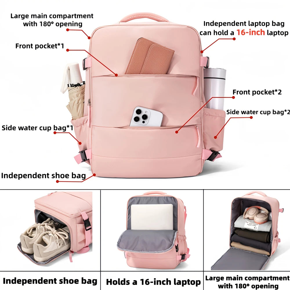 Large Capacity Travel Backpack with Shoe Compartment, 16-Inch Laptop Daypack, Multi-Pocket Casual Bag for Weekend Trips