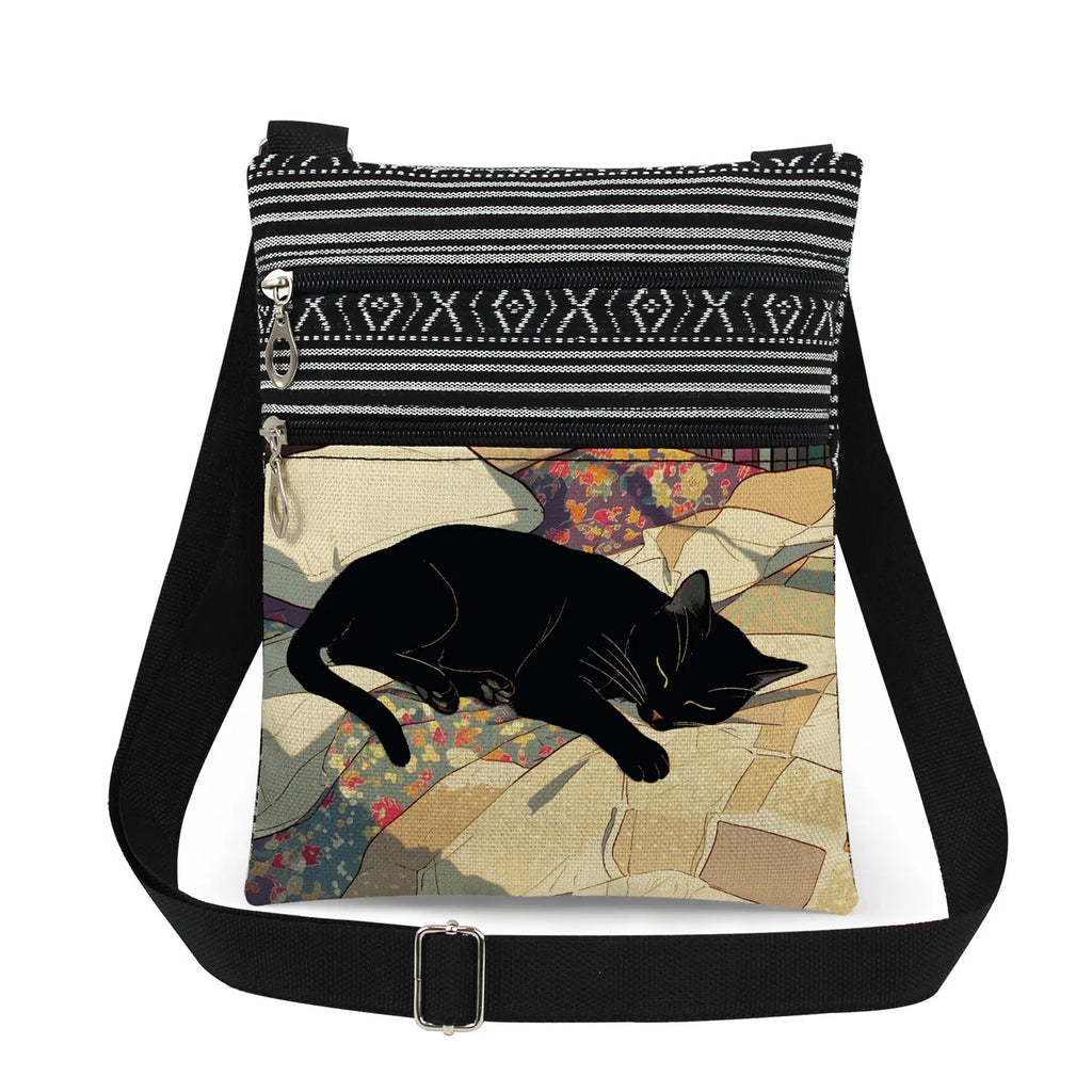 Cute Cartoon Black Cat Print Crossbody Bags Shoulder Bags For Women Daily Travel Portable Small Messenger Bags Catkeeper Gift