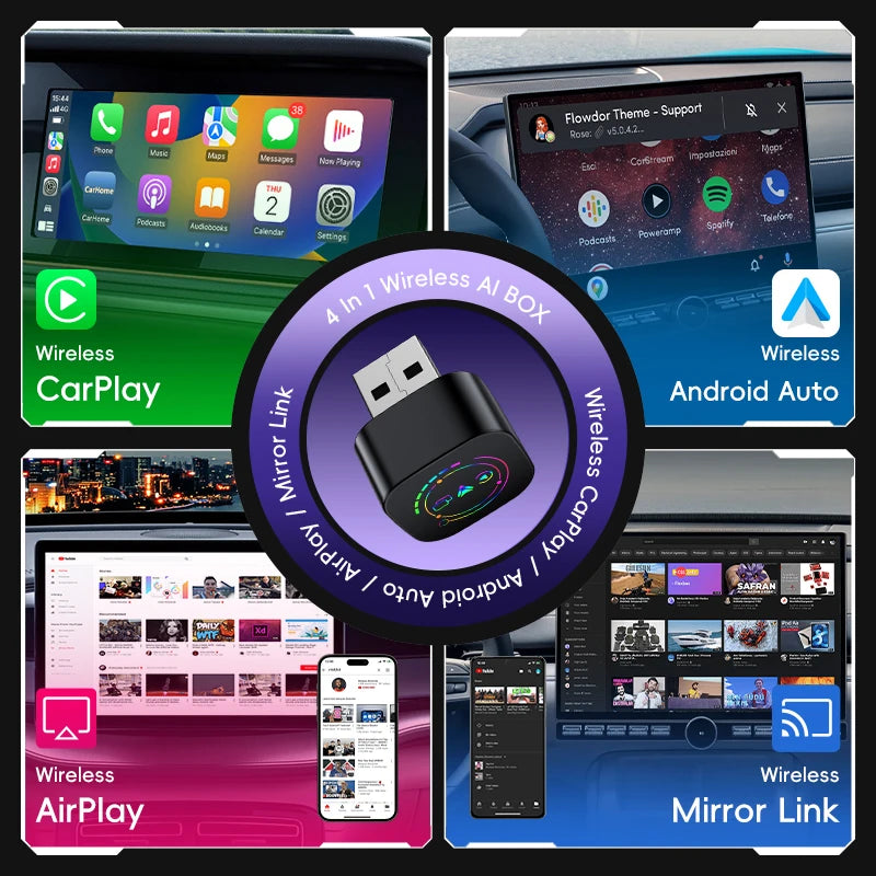 Latest popular 4-in-1 mini wireless CarPlay adapter, supports screen mirroring and video, supports Apple CarPlay and Android Auto, Bluetooth 5.0 technology, wired to wireless conversion, plug and play, compatible with USB and