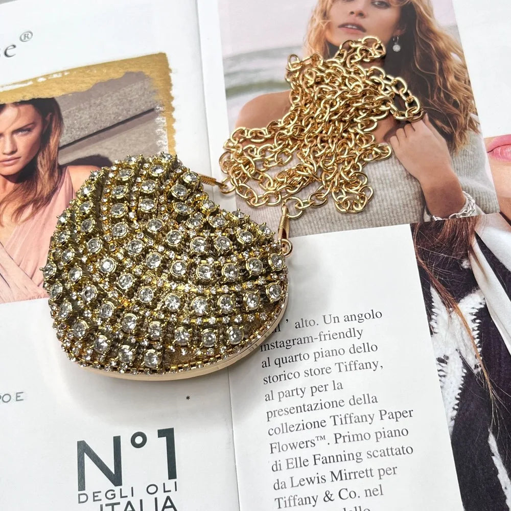 Luxury Rhinestones Ladies Evening Bag Mini Heart Shape Shoulder Bag Portable Handle Rhinestone Handbags Evening Wedding Party