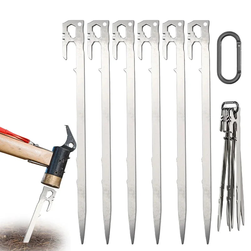Tent Stakes 11 inch 6-PCS Multifunctional Stainless Steel Heavy Duty Metal Peg 2.47 oz Light Weight Portable Wind-Resistant Size