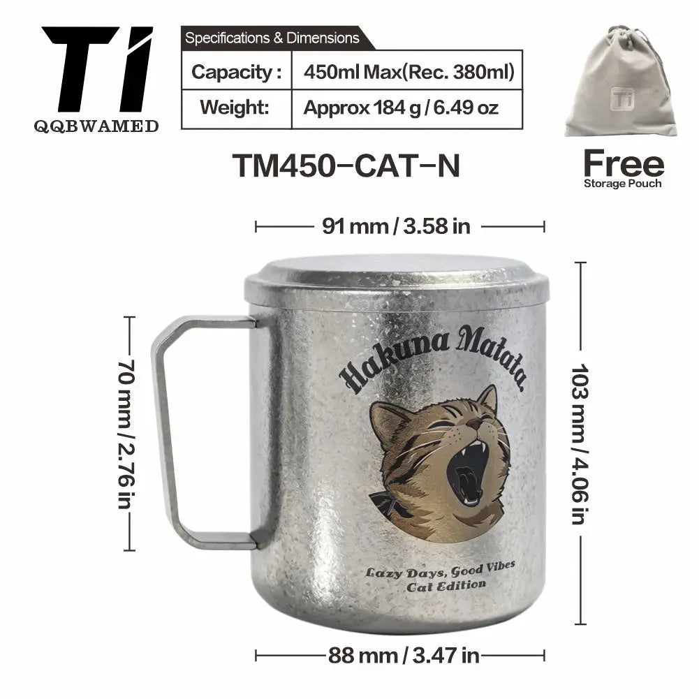 Titanium Mug Double-Layer Anti-Scald Titanium Cup Camping Coffee Cup 450ml Cat and Dog Themed Couple's Cup