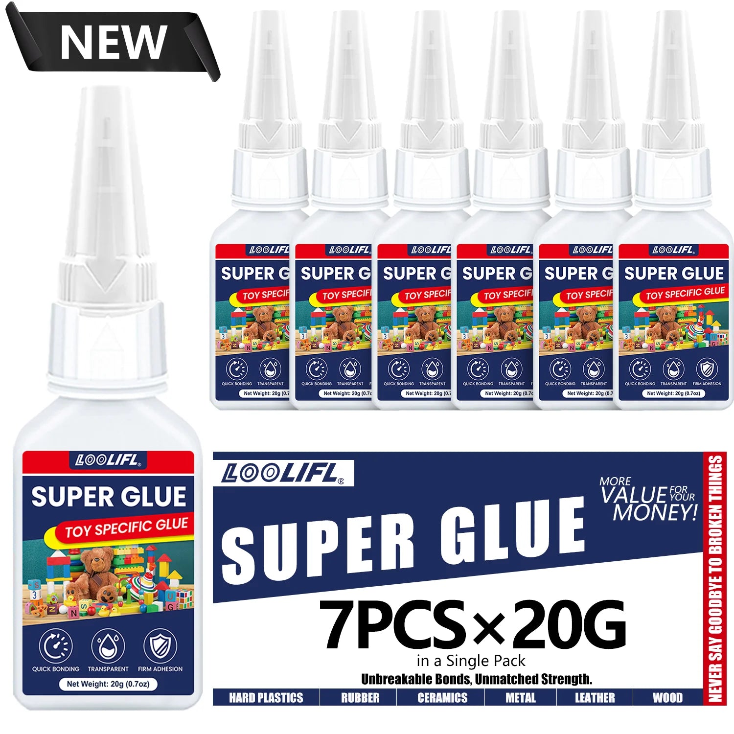 LOOLIFL 1-7PCS 20g Large Capacity Super Glue,Instant Quick Drying Cyanoacrylate Adhesive,Leather,Rubber, Glass,Wood,Metal