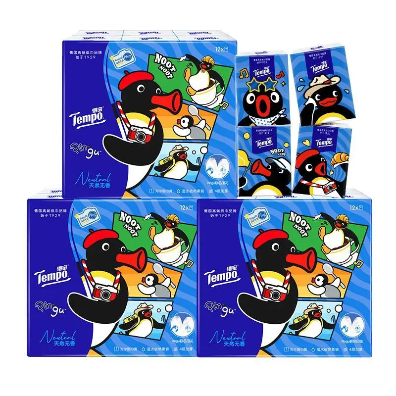Tempo X Pingu Pocket Tissues, 4-ply Thick Soft Paper Handkerchiefs, 12-pack Portable Printed Facial Tissues For Daily Use