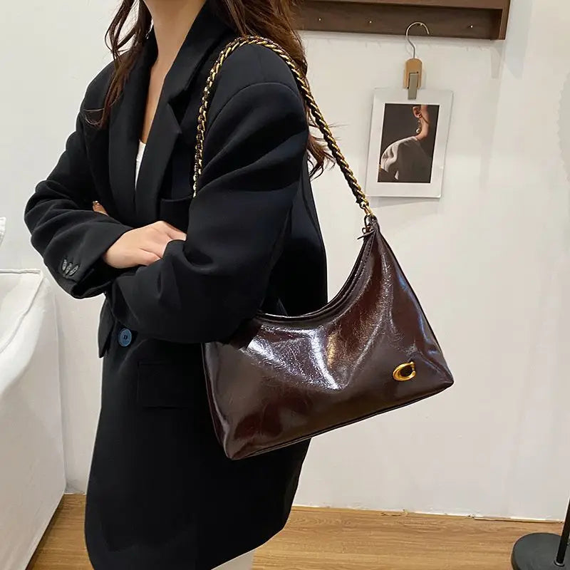 New vintage waxed leather ladies' chain handbag - large capacity, single shoulder bag, fashionable and versatile crossbody bag