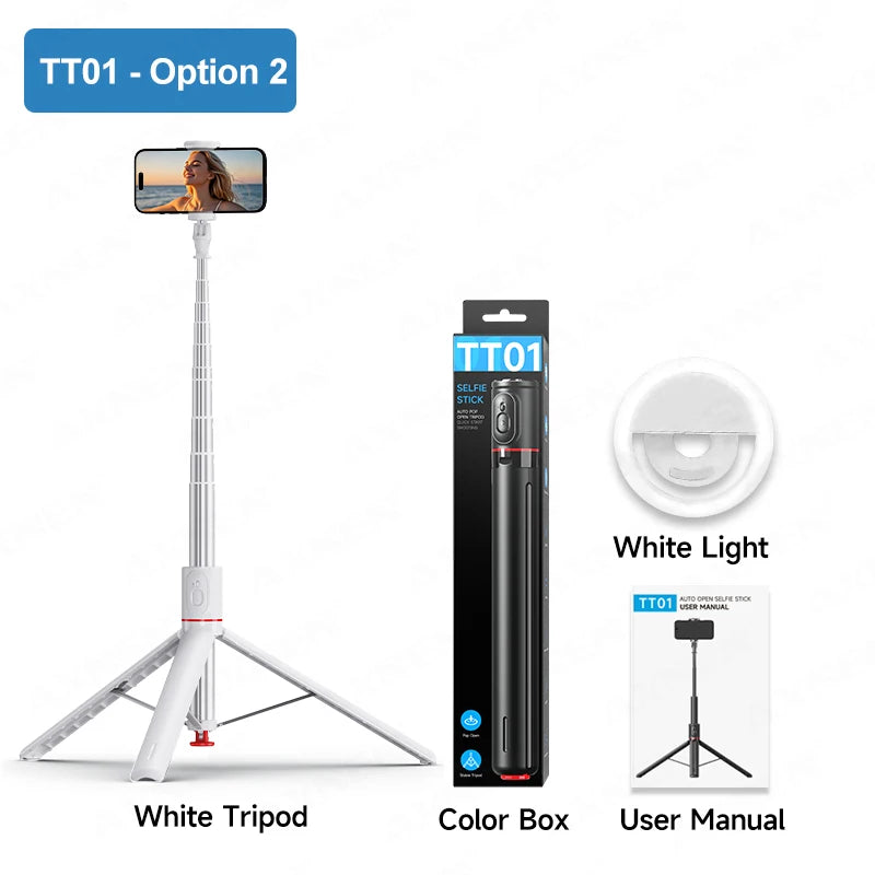 White Selfie Stick Tripod Portable 70 Inch All-in-one Auto Pop Open Wireless Bluetooth Magnetic Remote Control Smartphone Stand