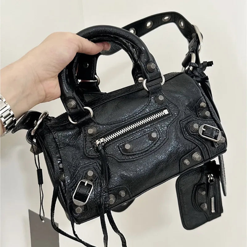 2026 New Mini Cylinder Motorcycle Bag Women's Rivet Tassel Three-in-One Pleated Cowhide Single Shoulder Slant Cross Handbag