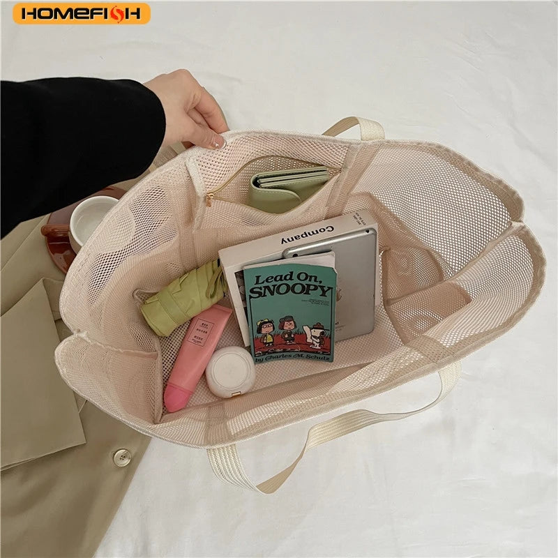 HOMEFISH Multipocket Summer Large Beach Bag For Towels Mesh Durable Beach Bag For Toys Waterproof Underwear Pocket Beach Tote
