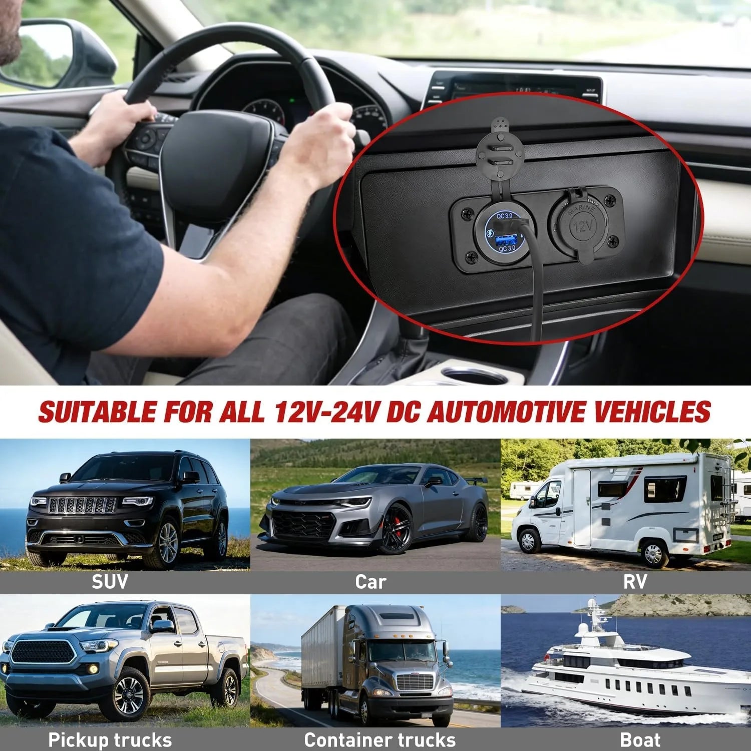 Nilight QC 3.0 Dual USB Charger and Cigarette Lighter Socket Pre-Wired 12V-24V with Cigar Power for Cars Trucks