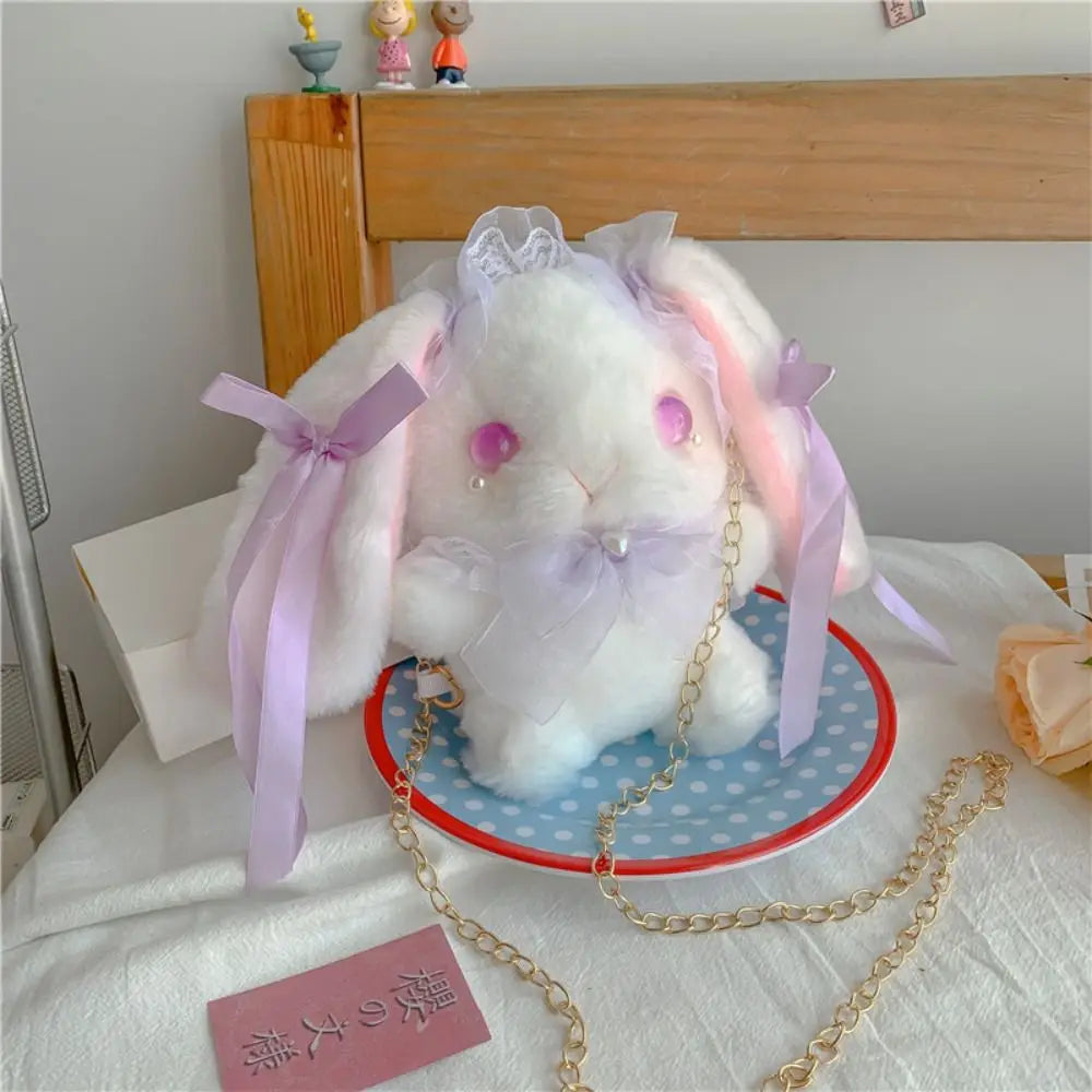 New Cute Bunny Plush Bag Lolita Shoulder Bag Kawaii Princess Sweet Pearl Chain Crossbody Bags Long-eared Rabbit Purse