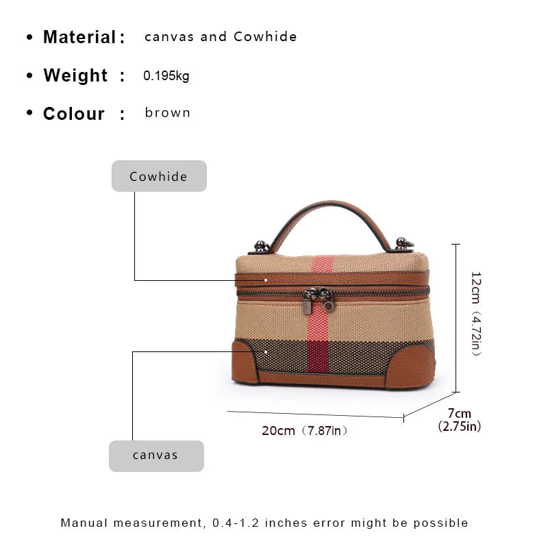 Aidrani  New women's shoulder crossbody mini bag, plaid small square bag, made of canvas and cowhide material