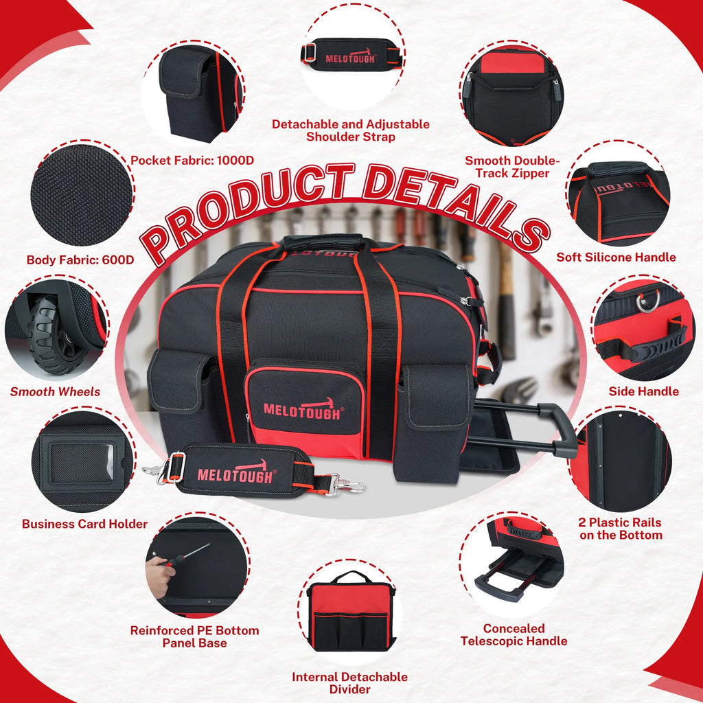 Rolling Tool Bag with Wheels – Heavy Duty Multi-Pocket Telescoping Handle Organizer / Sac à outils à roulettes – Grande capacité poignée télescopique multi-poches
