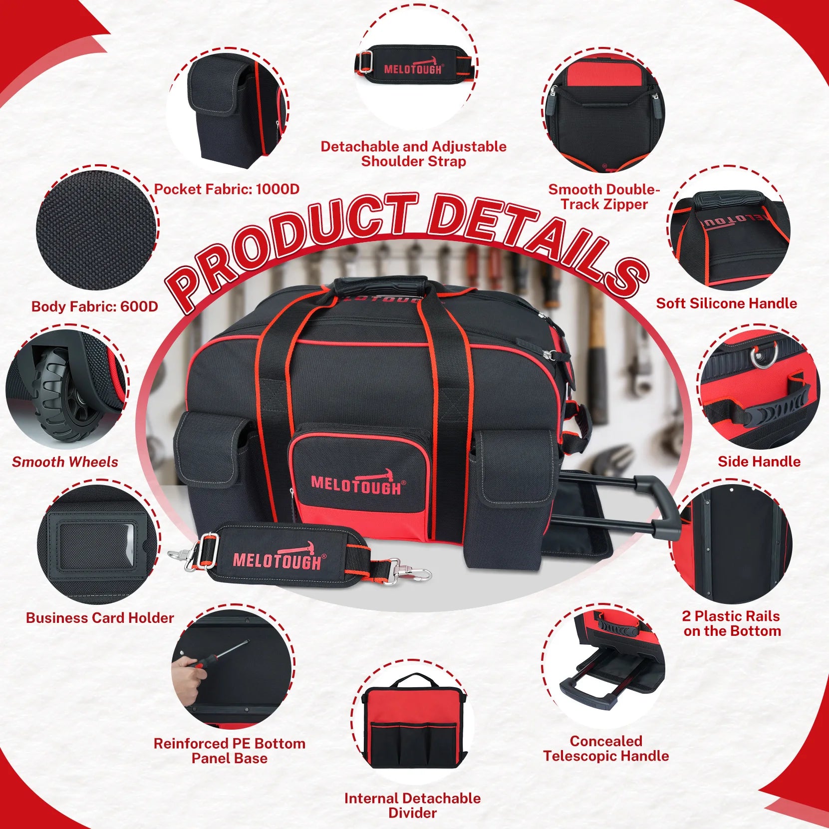 Rolling Tool Bag with Wheels – Heavy Duty Multi-Pocket Telescoping Handle Organizer / Sac à outils à roulettes – Grande capacité poignée télescopique multi-poches