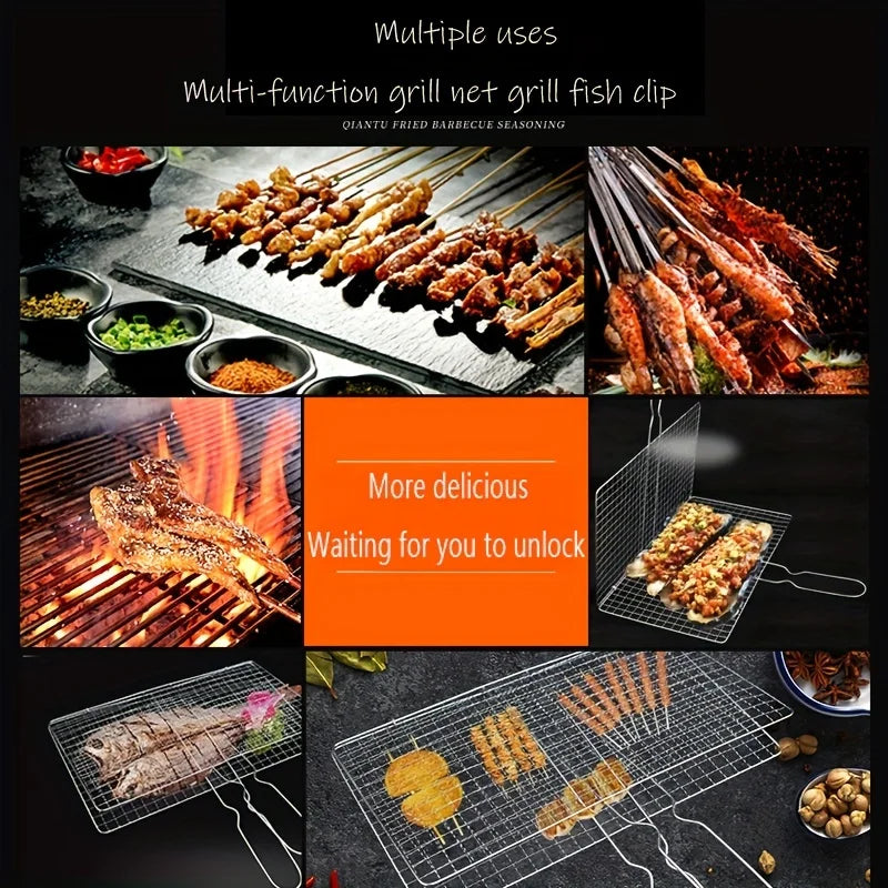 1pc Foldable BBQ Grill Basket Fish Roaster, Portable Vegetable Basket Fish Holder With Removable Handle