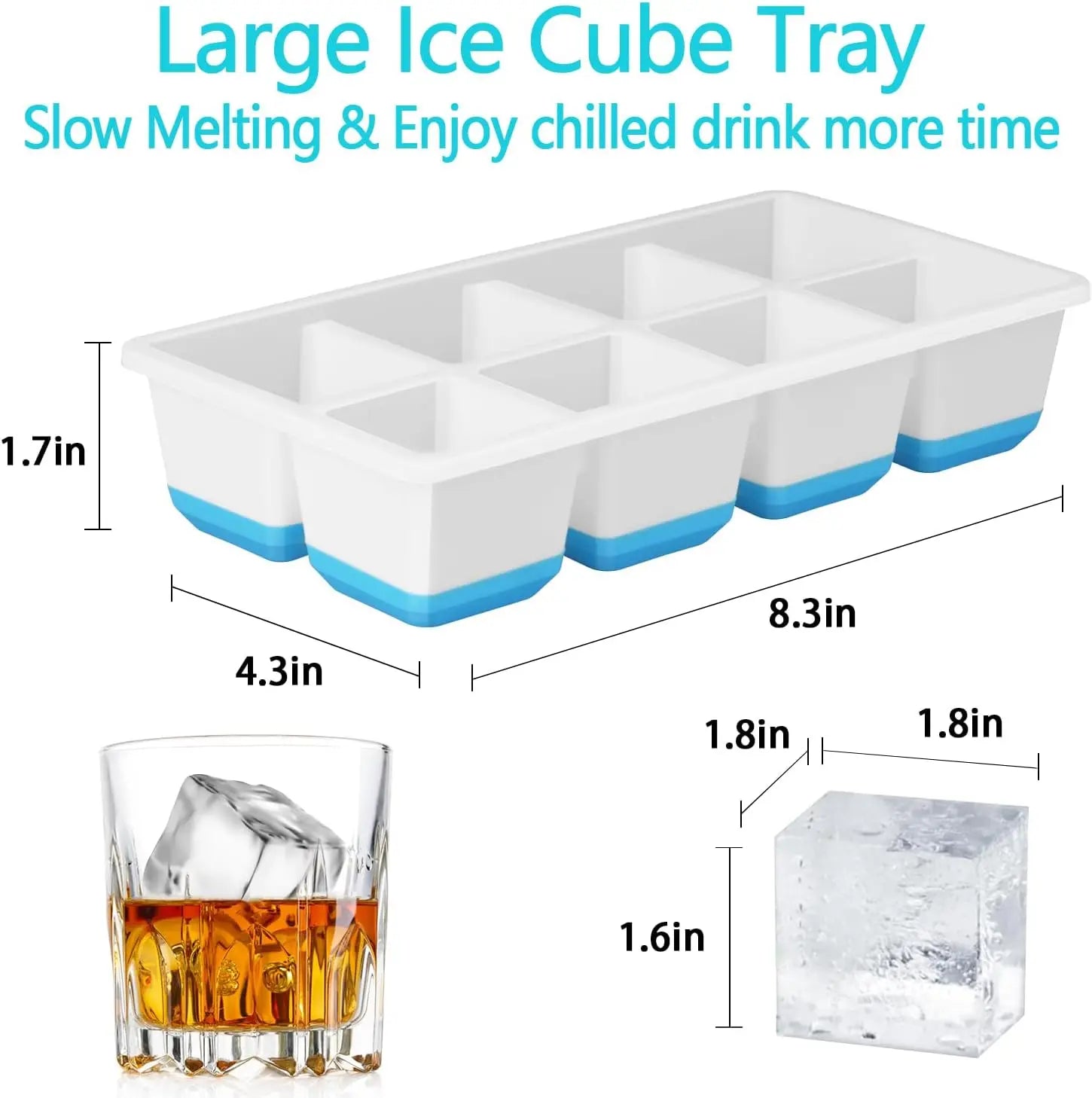 Large Ice Cube Trays 2 Pack, Silicone Easy-Release Molds with Lids, 1.8" Big Square Cubes for Whiskey & Cocktails, BPA Free & Dishwasher Safe