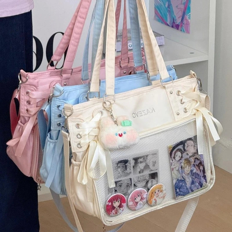 Large Capacity for Class Book Carrying Mailman Bag Girls Bow JK Shoulder Ita Bag Handbag College Style Crossbody Bag with Ribbon