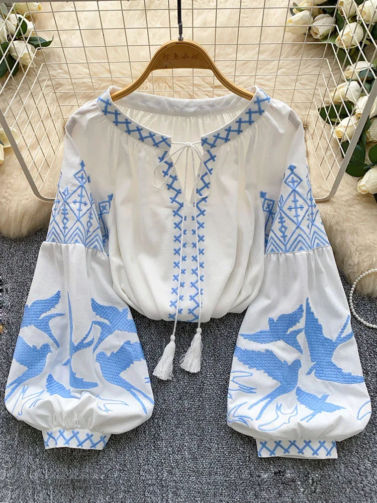 Women Autumn Blouse Bohemian Heavy-Duty V-Neck Embroidered Blouse Korean Long Sleeve Loose Fit Tassel Design Ethnic Top BL338