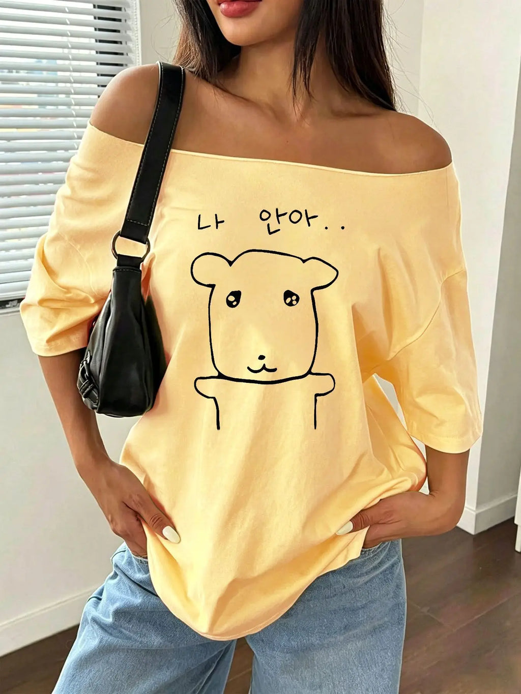 Plus Size Cute Cartoon Bear Head Line Art Minimalist Sketch Design Shoulder Loose Print T-Shirt Oversized Y2K Style Graphic T