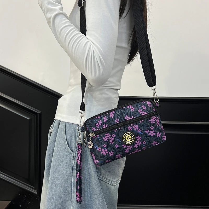 Lightweight Utility Crossbody Bag Durable Nylon Canvas Floral Print Multi Compartment Secure Zipper Women Travel Handbag