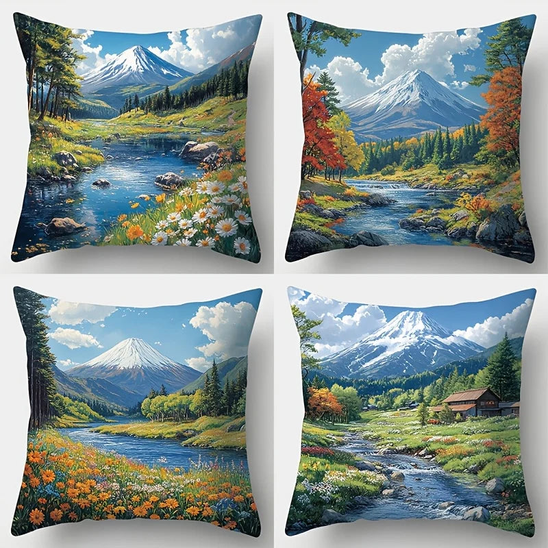 4-piece pillowcase set, nature theme featuring patterns of rivers, flowers, trees, and mountains, insert not included