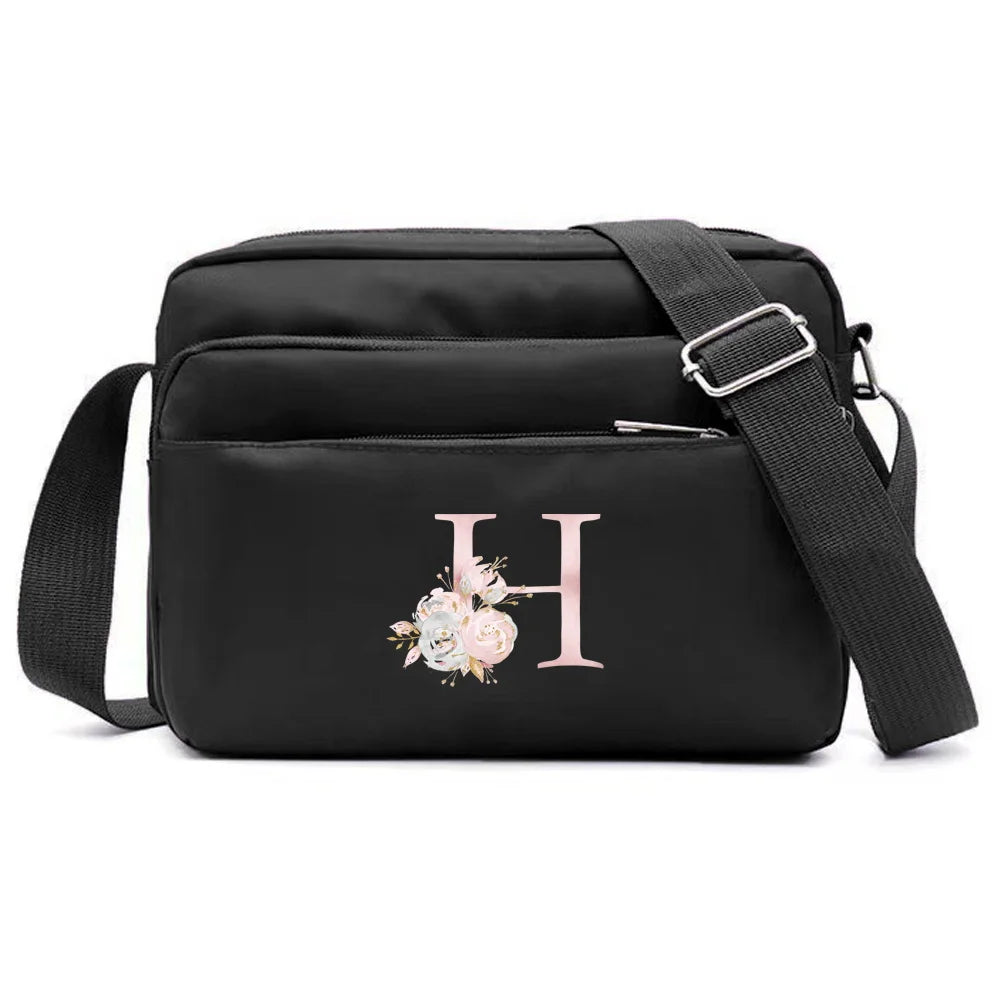 New Simple Black Storage Bag Multi-layer Travel Leisure One Shoulder Crossbody Bag Pink Flower Letter Series Printing Pattern