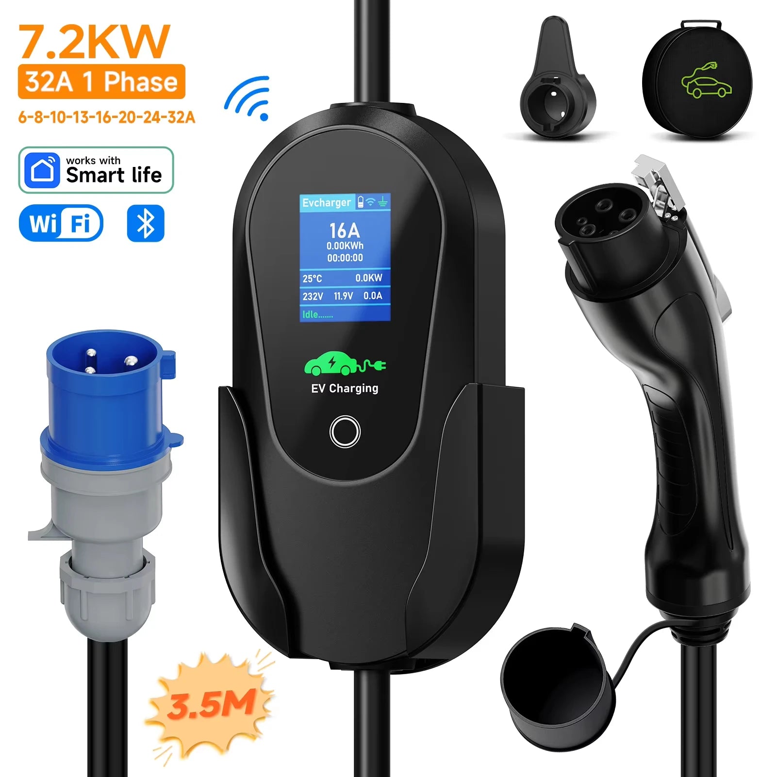 AFEEV Type2 IEC 62196-2 Portable EV Charger 7.2KW 32A Type1 SAEJ1772 Wallbox EVSE Fast Charging Cable WiFi APP Bluetooth Control