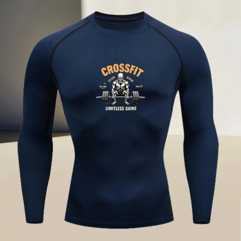 Men's long sleeved round neck thin sports tight fitting quick drying T-shirt, suitable for bodybuilding and physical training