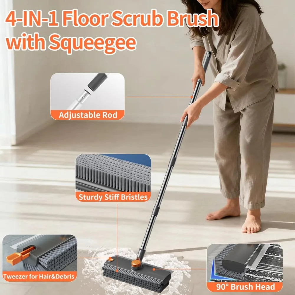 3 in 1 Floor Scrub Brush,Floor Scrubber with Squeegee and Tweezer, Push Broom with Long Handle,Heavy-Duty Stiff 90° Bristle Broom for Patio,Shower, Garage,Deck,Tile, Concrete & Wood Surface