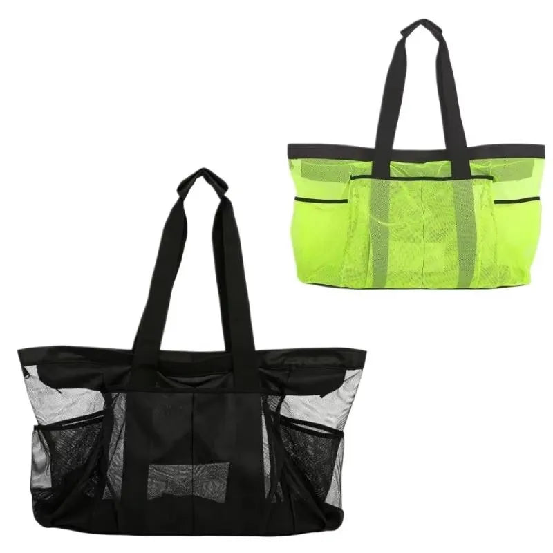 1pcs  Extra Large Beach Bag - Lightweight, waterproof, foldable, with mesh straps, zippered pockets and fixed shoulder straps