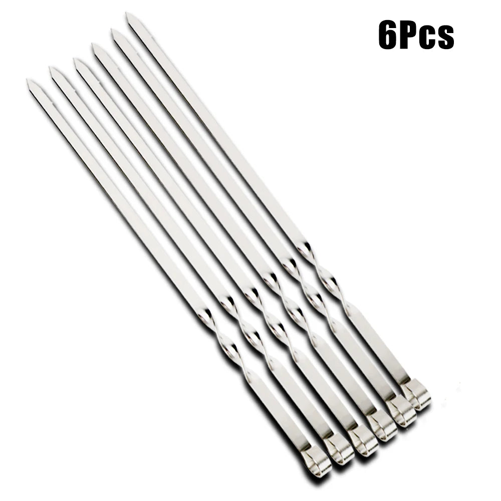 6Pcs Wide BBQ Sticks Stainless Steel Barbecue Skewer BBQ Utensil Reusable Grill Sticks Outdoor Camping Picnic Flat BBQ Fork
