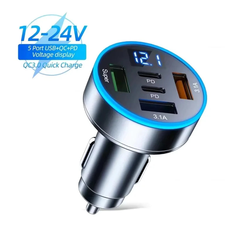 5 in 1 USB Car Phone Charger Adapter with Voltage Display Dual PD Port Super Fast Charge for iPhone Samsung Huawei OPPO