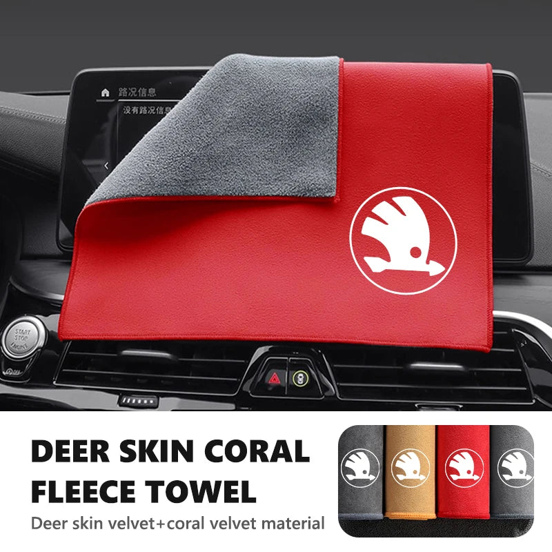 For Skoda Car Logo Cleaning Cloth Absorbent Dry Cloth Auto Wash Accessories Kamiq MK3 Roomster Rapid Kodiaq Karoq Fabia Enyaq