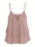 Plus Size Ladies Solid Color Chiffon Double Layer Meat Concealing Top with Fine Strap Cross Back Design for Daily Commuting And