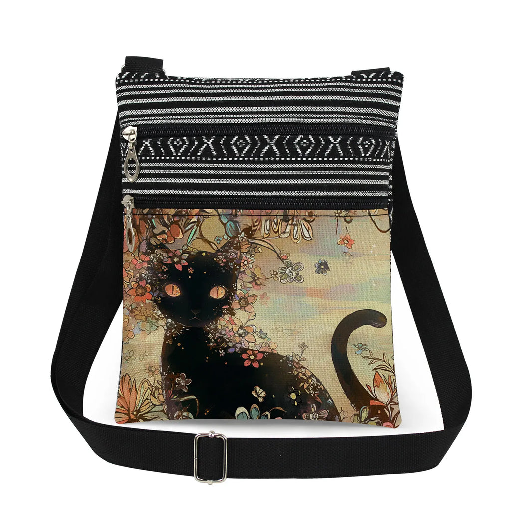 Cute Cartoon Black Cat Print Crossbody Bags Shoulder Bags For Women Daily Travel Portable Small Messenger Bags Catkeeper Gift