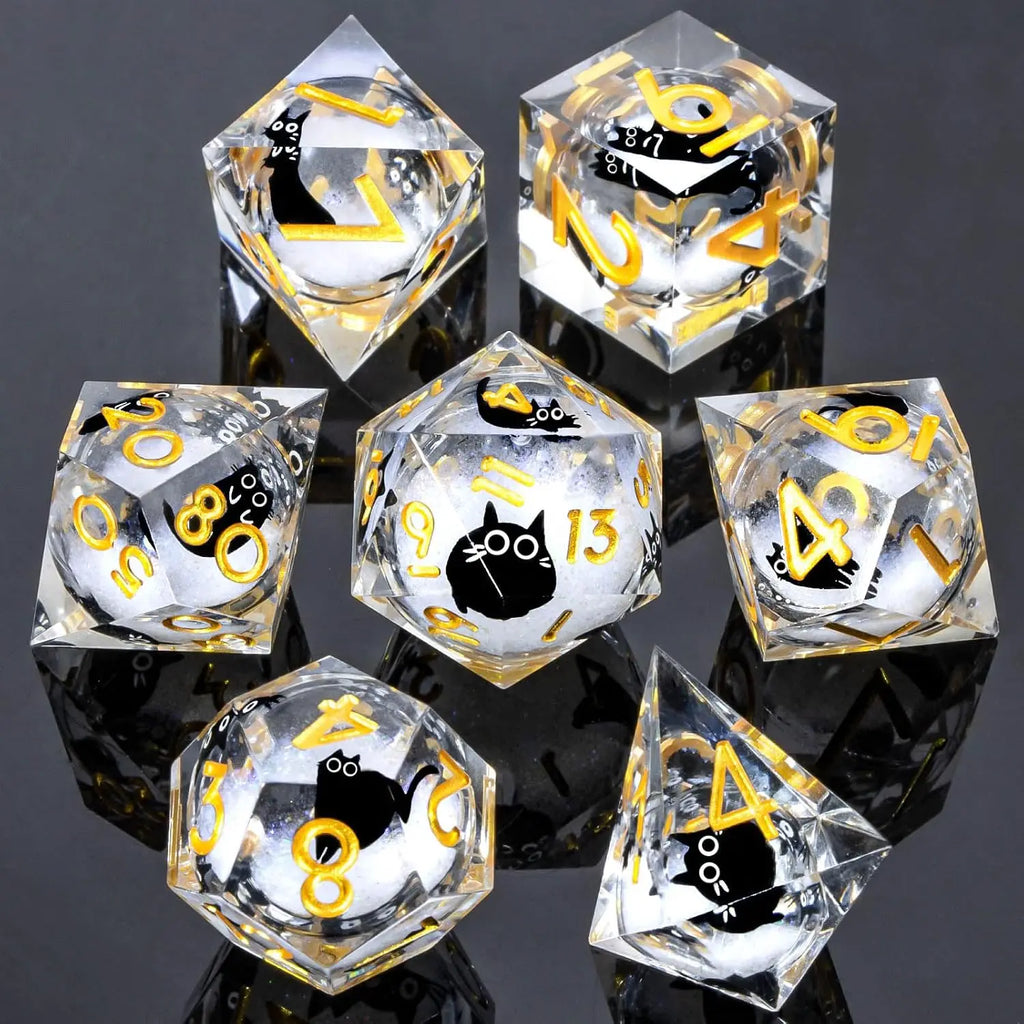 Cat Resin Dice Set DND, Liquid Core D&D Dice, Cute Dungeon and Dragon Dice, Sharp Edge Role Playing Dice D20 D12 D10 D8 D6 D4
