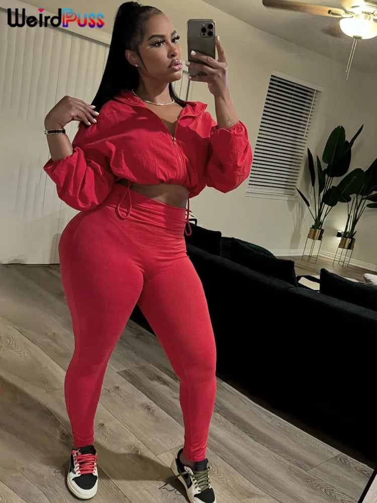 Weird Puss Women Tracksuit 2 Piece Set 2024 Autumn Casual Zip Thin Drawstring Jacket+Leggings Matching Streetwear Sporty Suit